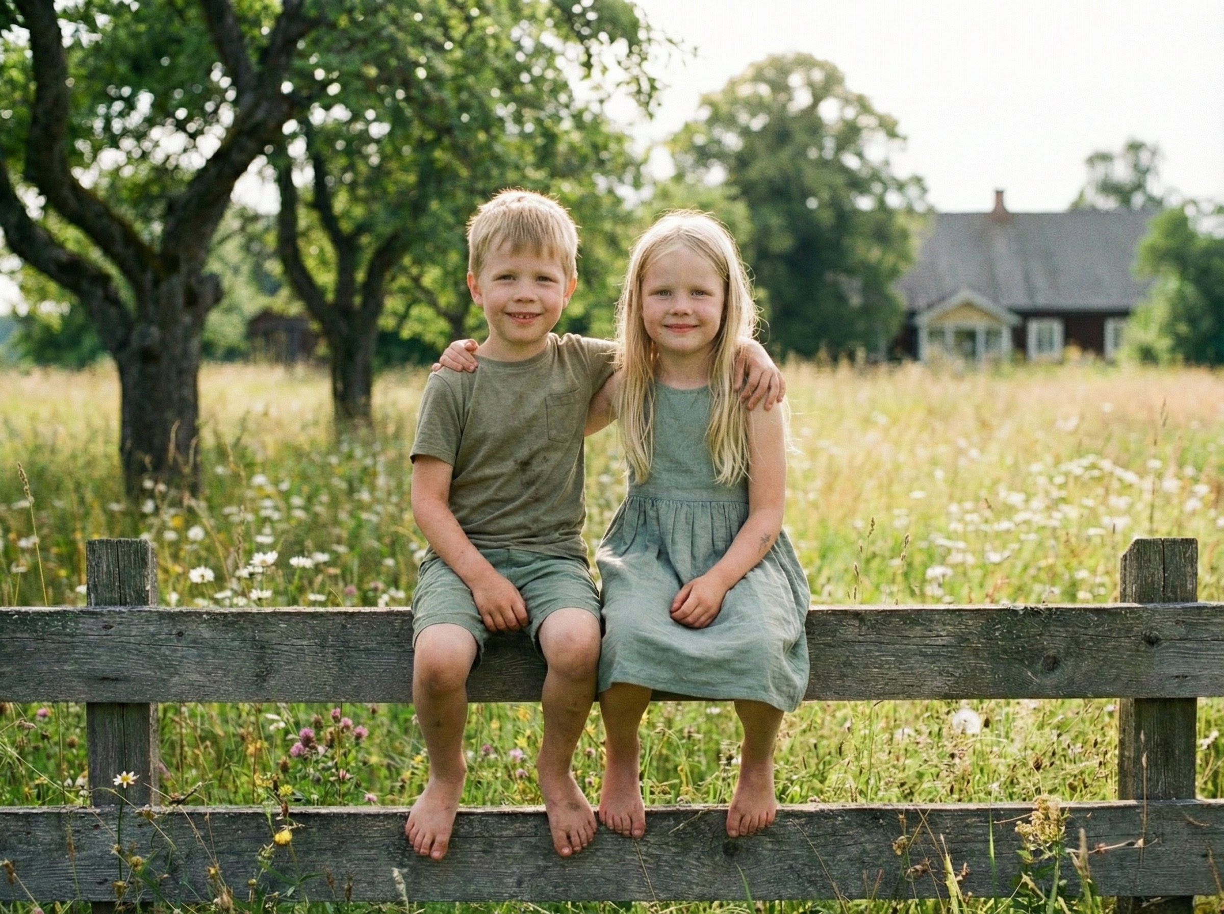 Zwei Kinder lachen und halten sich im Arm